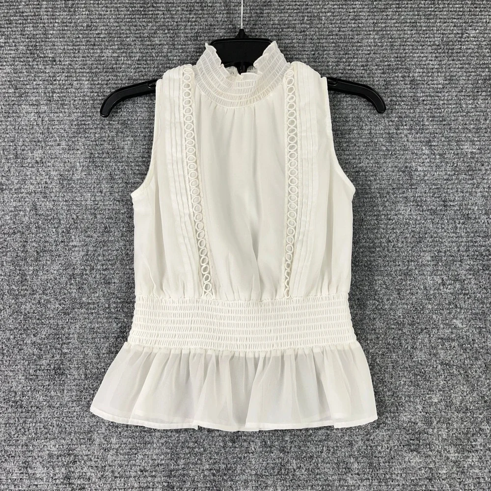 Japna Womens‎ S Lace Peplum Blouse Ivory Sleeveless Smocked Ruffle Feminine Chic - Picture 3 of 8